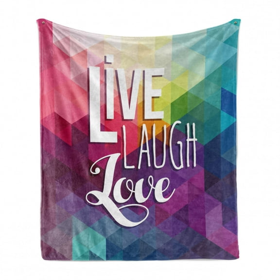 Live Laugh Love Soft Flannel Fleece Throw Blanket, Geometric Colorful Backdrop Polygonal Mosaic Happiness Words Typography, Cozy Plush for Indoor and Outdoor Use, 50" x 70", Multicolor, by Ambesonne