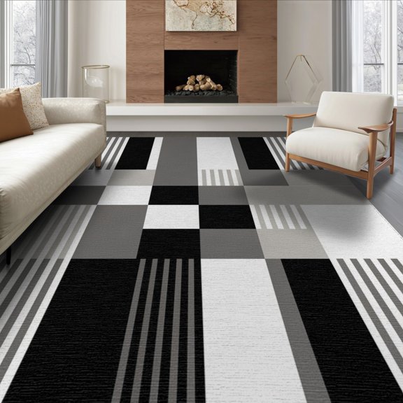 ODIKA 8'x10' Washable Area Rug Striped Abstract Mid Century Block Minimalist Bands Brushstroke Grey Flowing for King Size Bedroom Under Bed, Master Suite, Non-Shedding, Easy Care