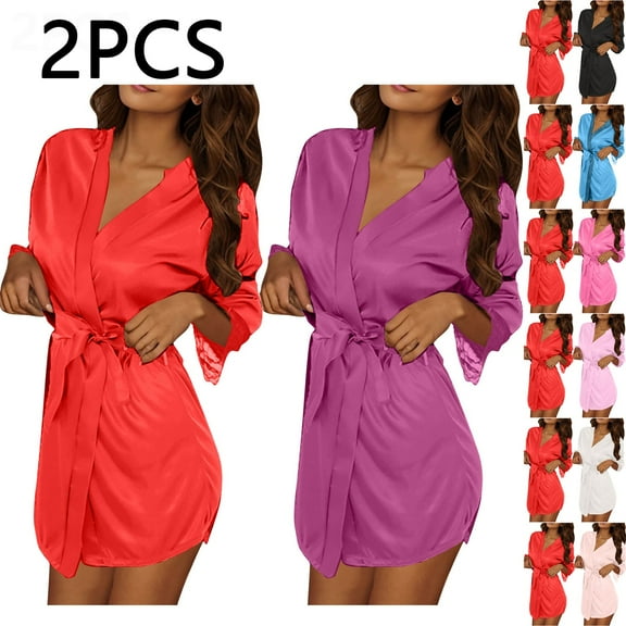 MGDXOX 2 PC Robes for Women Casual Solid Color Long Sleeve Comfy Silk Satin Bathrobe with Belt Soft Sleepdress Loungewear Pink Free Size