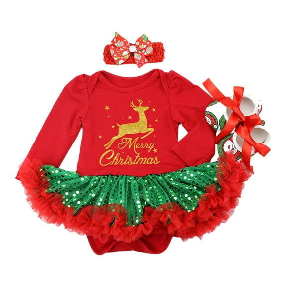 PINQI Cute Little Girls Dress Toddler Kids Baby Girls Christmas Clothes Long Sleeve Santa Reindeer Striped Dress Ruffle Dress