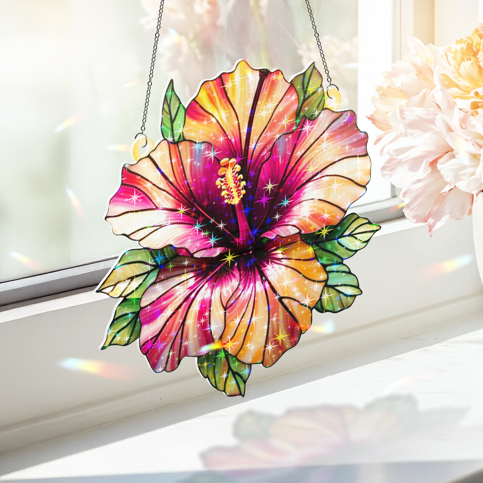 89Bloom Hibiscus Stained Glass Hologram Ornament, Stained Glass Suncatcher Ornaments Home Decor, Flower Holographic Ornaments