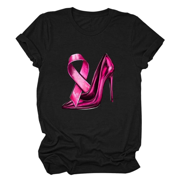 2025 Femmes pour Hauts Décontractés T Col Hauts pour Femmes Manches Courtes Col Rond Chemise à Manches Longues Femmes pour Superposition Tee T-Shirt Poitrine Jr Automne Cancer Impression Ample