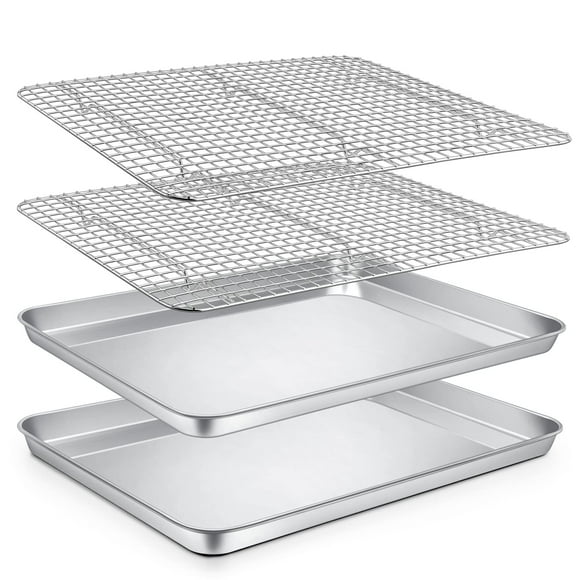 P&P CHEF Baking Sheets and Racks Set (2 Pans + 2 Racks), Stainless Steel Baking Sheet Oven Tray and Cooling Grid Rack for Cookies Meats, Size 16 x 12
