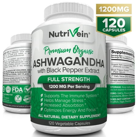 Good Mood Enhancer Nutrivein Organic Ashwagandha Capsules 1200mg - 120 Vegan Pills - Black Pepper Extract - 100% Pure Root Powder Supplement - Stress Relief, Anxiety, Immune, Thyroid & Adrenal Support - Mood Enhancer ()