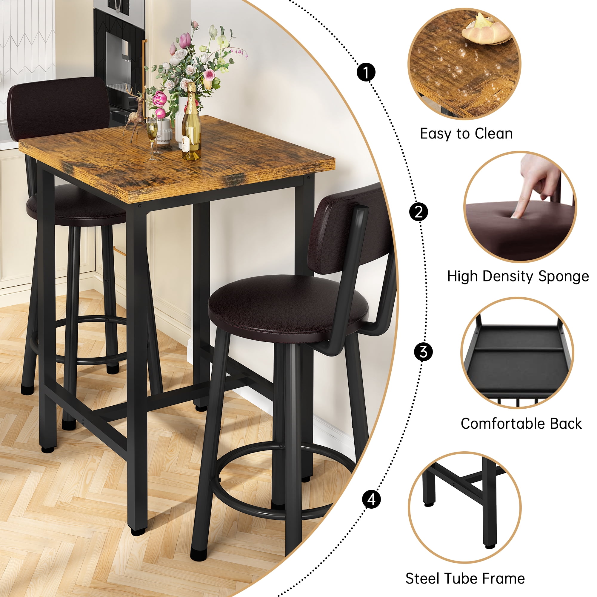 MIERES Dining Set, 2-Person Kitchen Dining Set, Solid Wood Dining Table with Two Chairs, Square Kitchen Dining Set (3-Piece), Brown