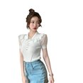 thumbnail image 3 of Camiseta de gasa Mujer Malla Puff Manga corta Top Botón Camisa con cuello de muñeca, Blanco tholdsy AP001460-01B, 3 of 7