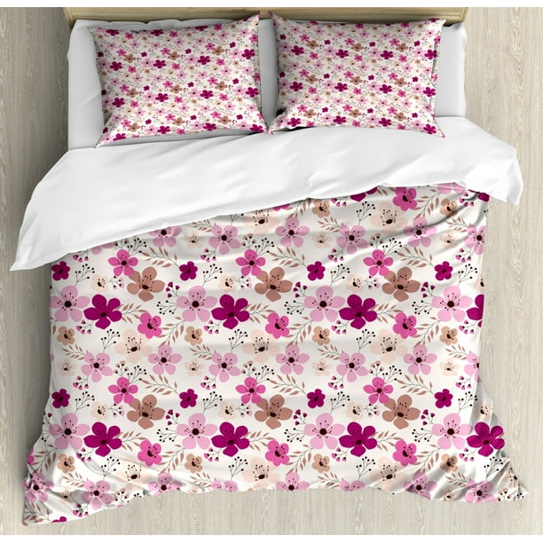 Flower Duvet Cover Set King Size, Simplistic Flower Design Seasonal