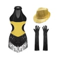 thumbnail image 2 of Xnihocha Women Sequins Tassel Latin Dance Dress Fringed Leotard+Gloves+Hat Tango Jazz Dance Outfit Gold S, 2 of 7
