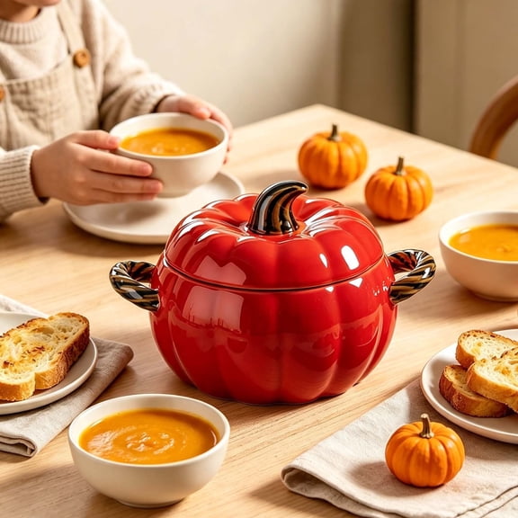 Ceramic Halloween Pumpkin Bowl with Lid, Pumpkin Shape Covered Serving Pot with Twisted Handles, Multi-Use Bowl for Food Candy Storage, Festive Table Decor for Holiday Dinner Party