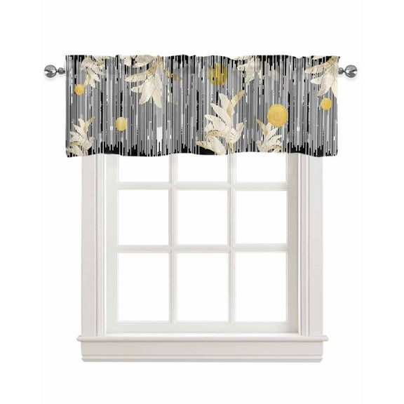 Abstract Black White Linen Curtain Valance for Bedroom/Bathroom/Kitchen/Office/Living/Dining Room Window,Gold Leaf Leaves Modern Geometric Rod Pocket Topper Decorative Cafe Drapes Panel 42"x12"