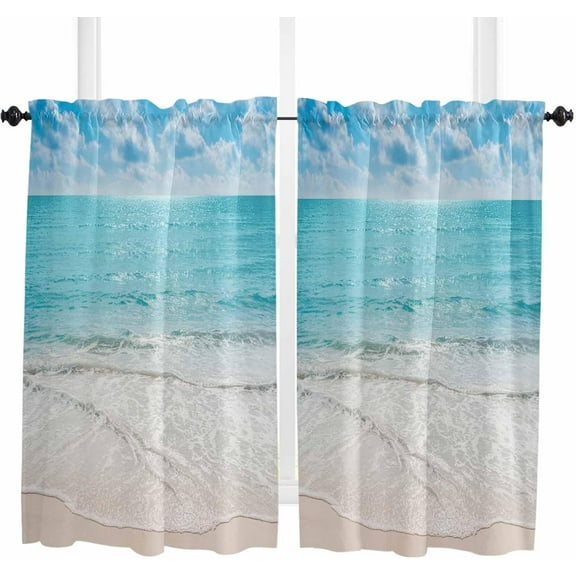 Ocean Beach Theme Kitchen Curtains for Bedrooml Living Room 39 Inch Length, Blue White Small Short Cafe Tiers Curtains Drape, 2 Panel Window Treatment Rod Pocket Drapery Panels Curtains 27.5x39