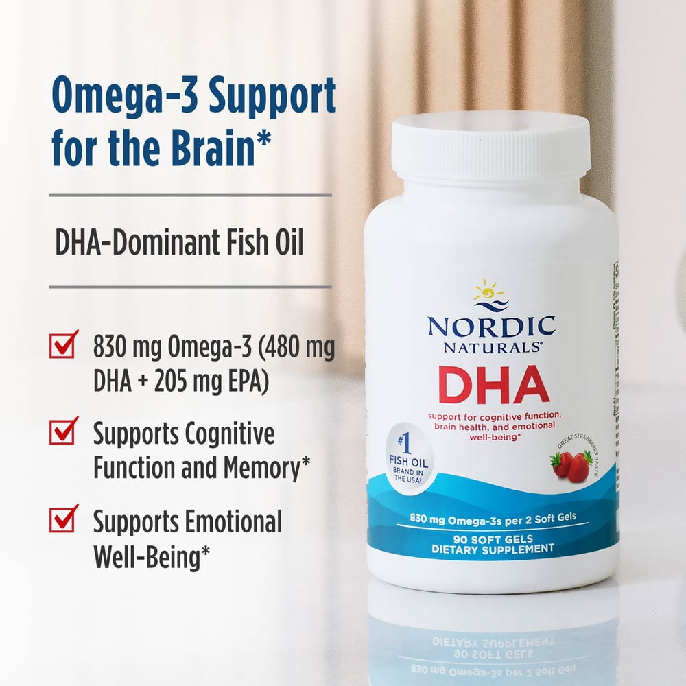 Nordic Naturals DHA Softgels, 830 Mg, Strawberry, Fish Oil 90 Ct