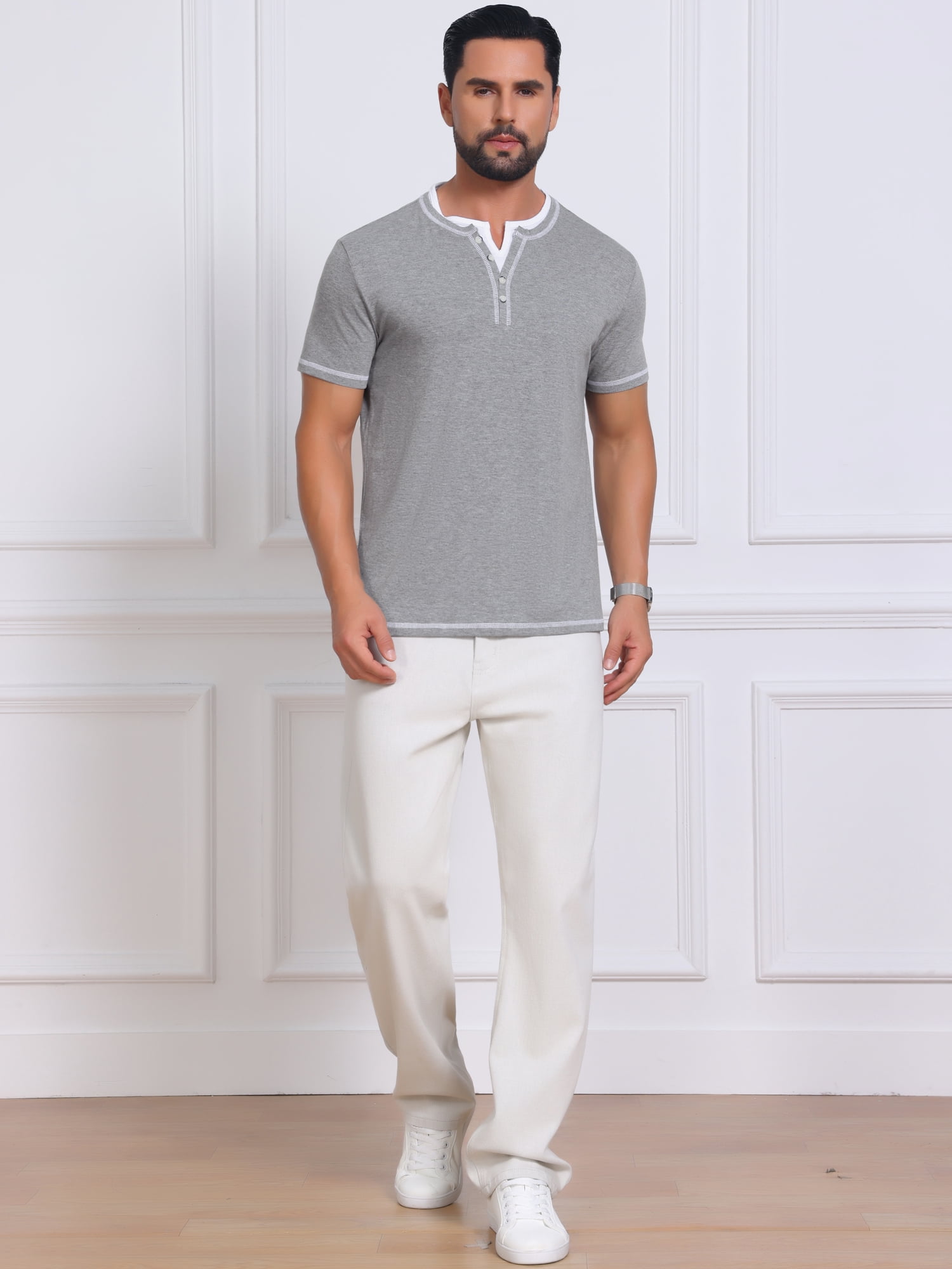 DARING DIVA Men's Henley V-Neck Colorblock Button Down Short Sleeve T-Shirt M Light Gray
