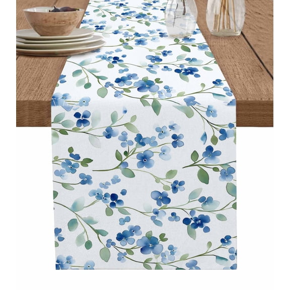 Spring Blue Floral Table Runner 90 Inches, Ombre Garden Flower Botanical Blooms Bed Runner Dresser Scarves Tabletop for Indoor Outdoor Parties/Ceremony/Banquet, 13" x 90"
