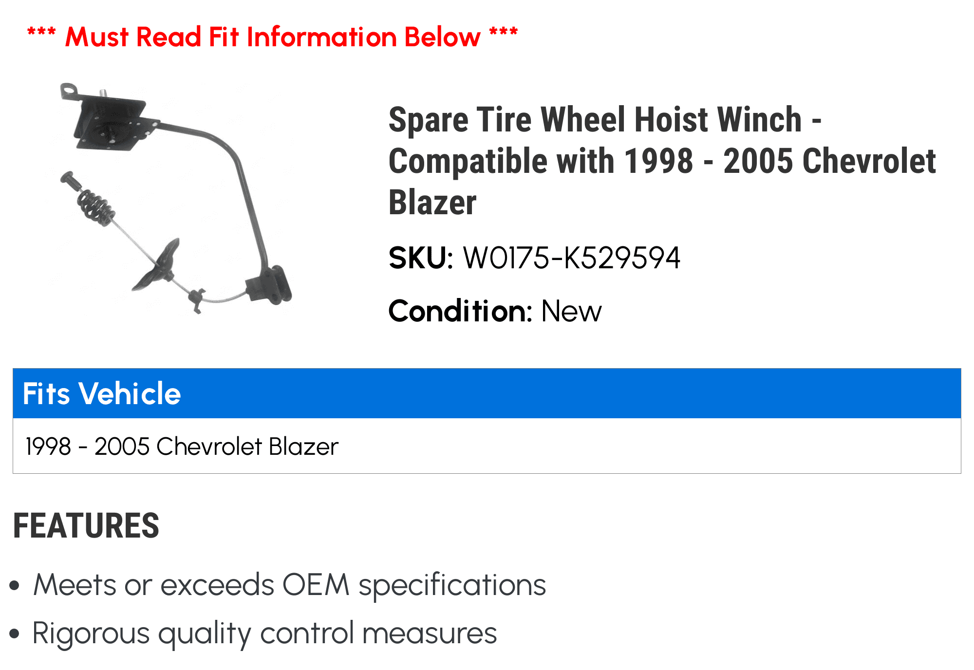 Compatible with 1995-2005 Chevy Blazer Spare Tire Wheel Hoist Winch 