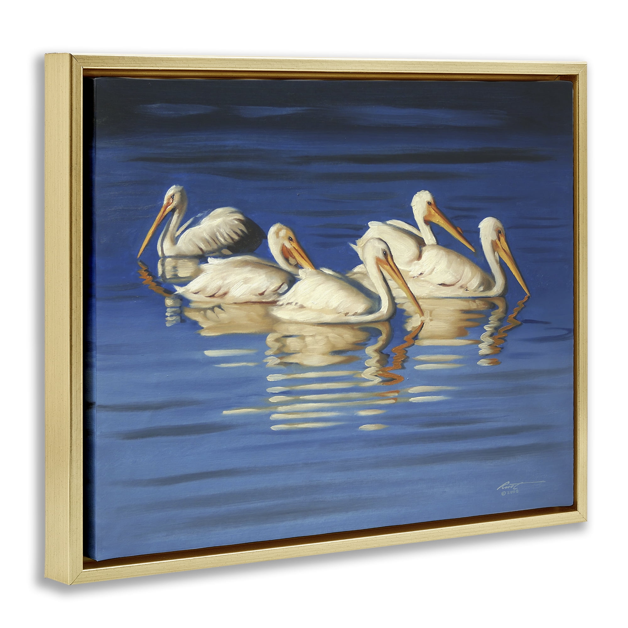 Stupell Industries Pelican Flock Lake Ripples Animals & Insects Painting Gold Floater Framed Canvas Art Print Wall Art, 21 x 17