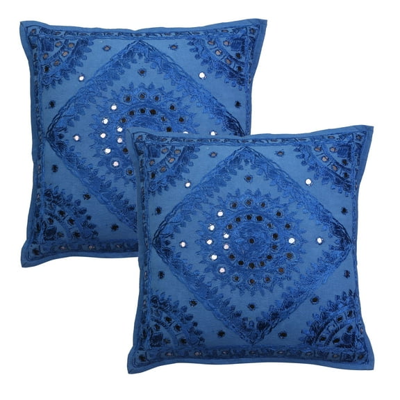 Stylo Culture Indian Settee Sofa Throw Pillow Covers 16 x 16 Hand Embroidered Blue Bohemian 40x40 cm Home Decor Cotton Mirrored Square Cushion Covers | Set Of 2