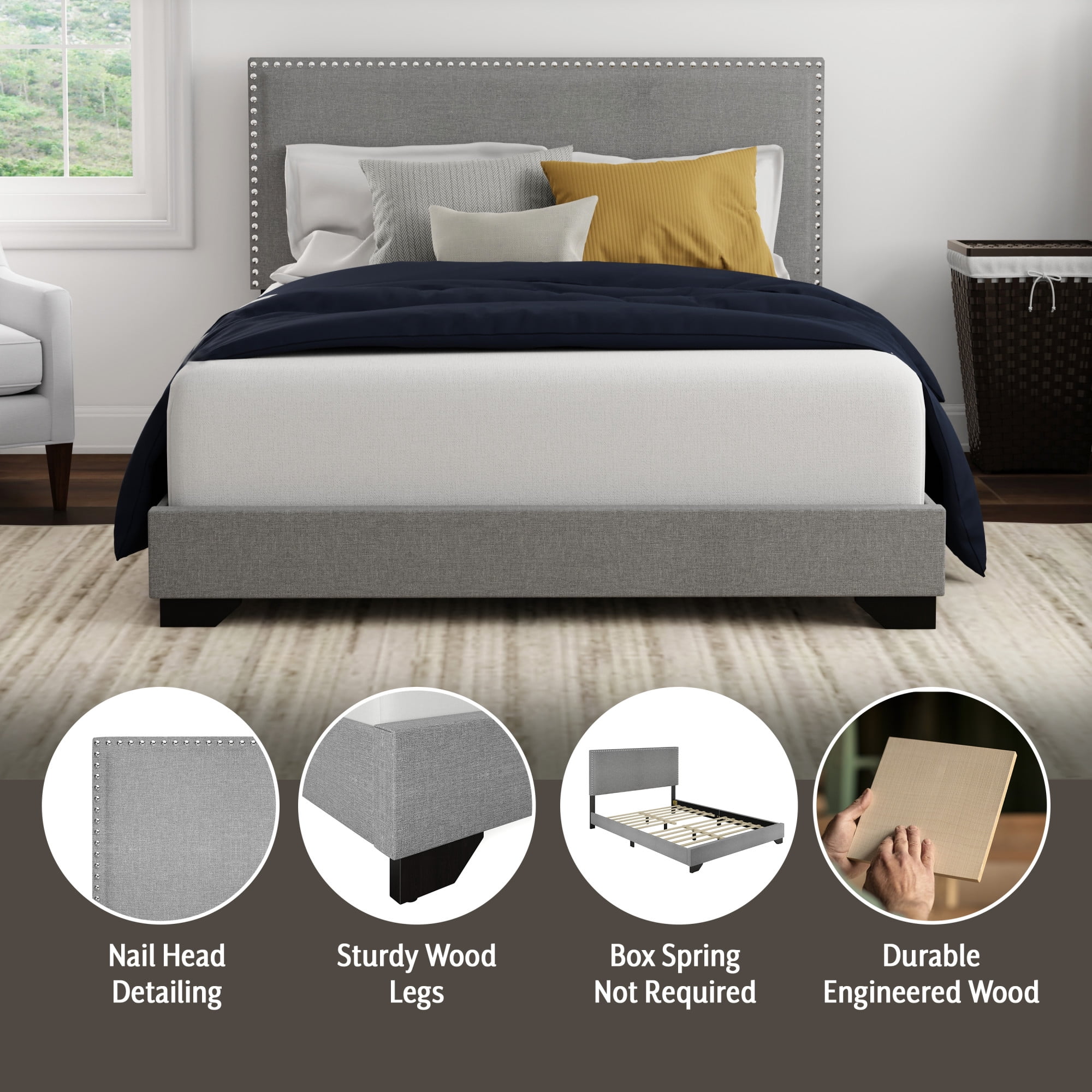 Skylar Nailhead Trim Upholstered Full Platform Bed, Glacier