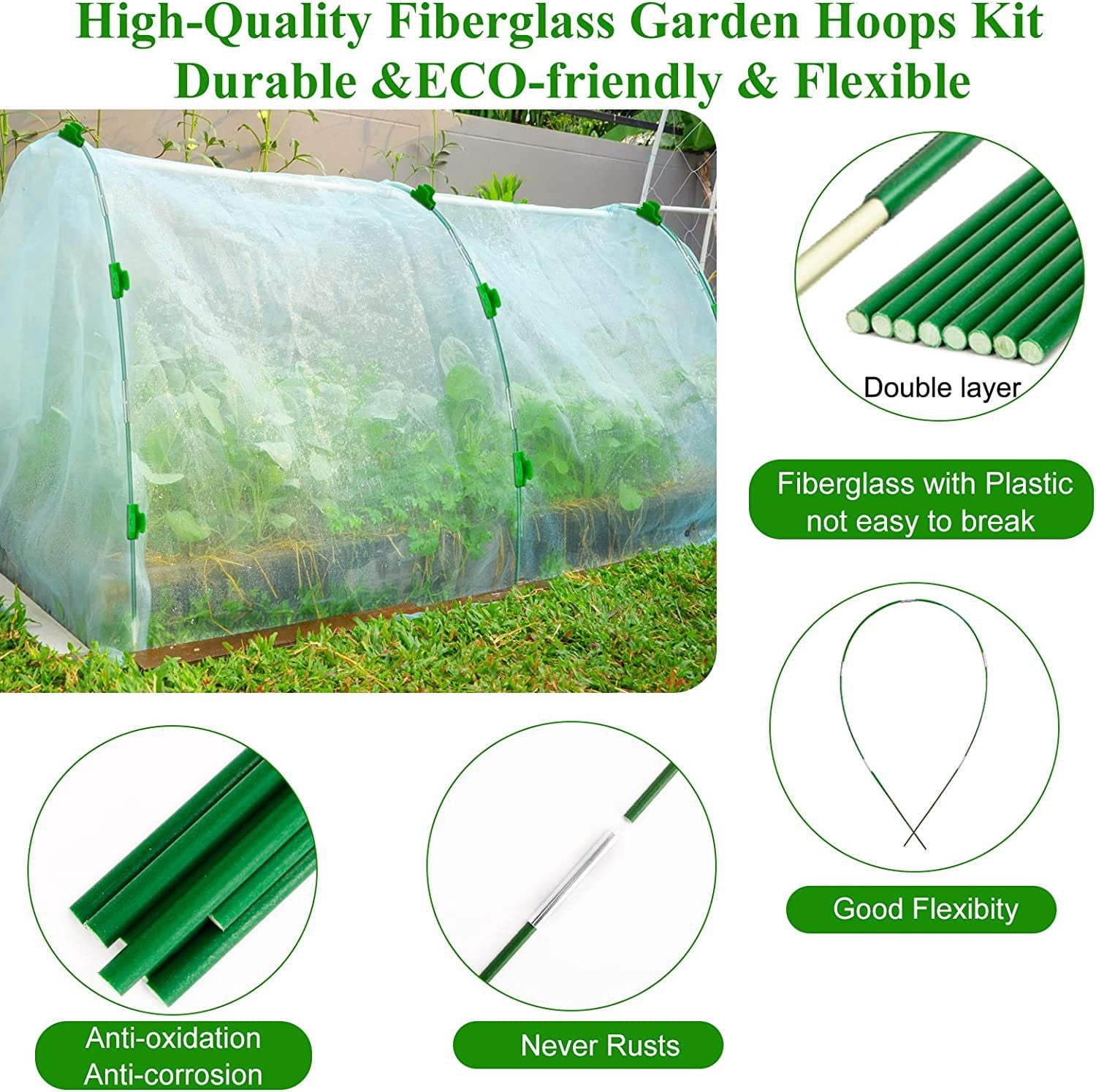 Fiberglass Garden Hoops with Insect Netting - Rust-Proof Plant Support Frame for DIY Wider Tunnel, Durable Greenhouse Cover for Vegetables, Strawberries, Flowers, Protection from Birds, Pests, Weather