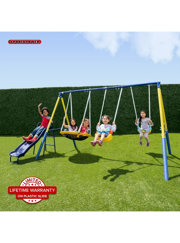 Sportspower Super Flyer Swing Set with 2 Flying Buddies, Saucer Swing, 2 Swings, and Lifetime Warranty on Blow Molded Slide