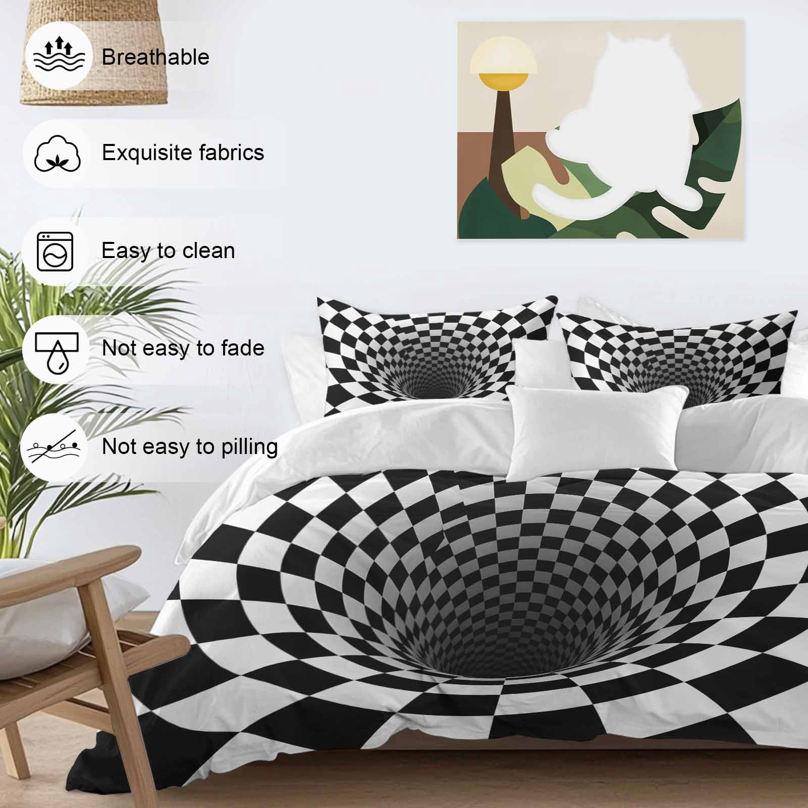 3D Optical Illusion Bedding 3 Piece Duvet Cover Set Queen Size, Black White Checkered Gingham Plaid Vortex Microfiber Comforter Cover with Zipper Closure & Pillowcases, FadeResistant Quilt Cover