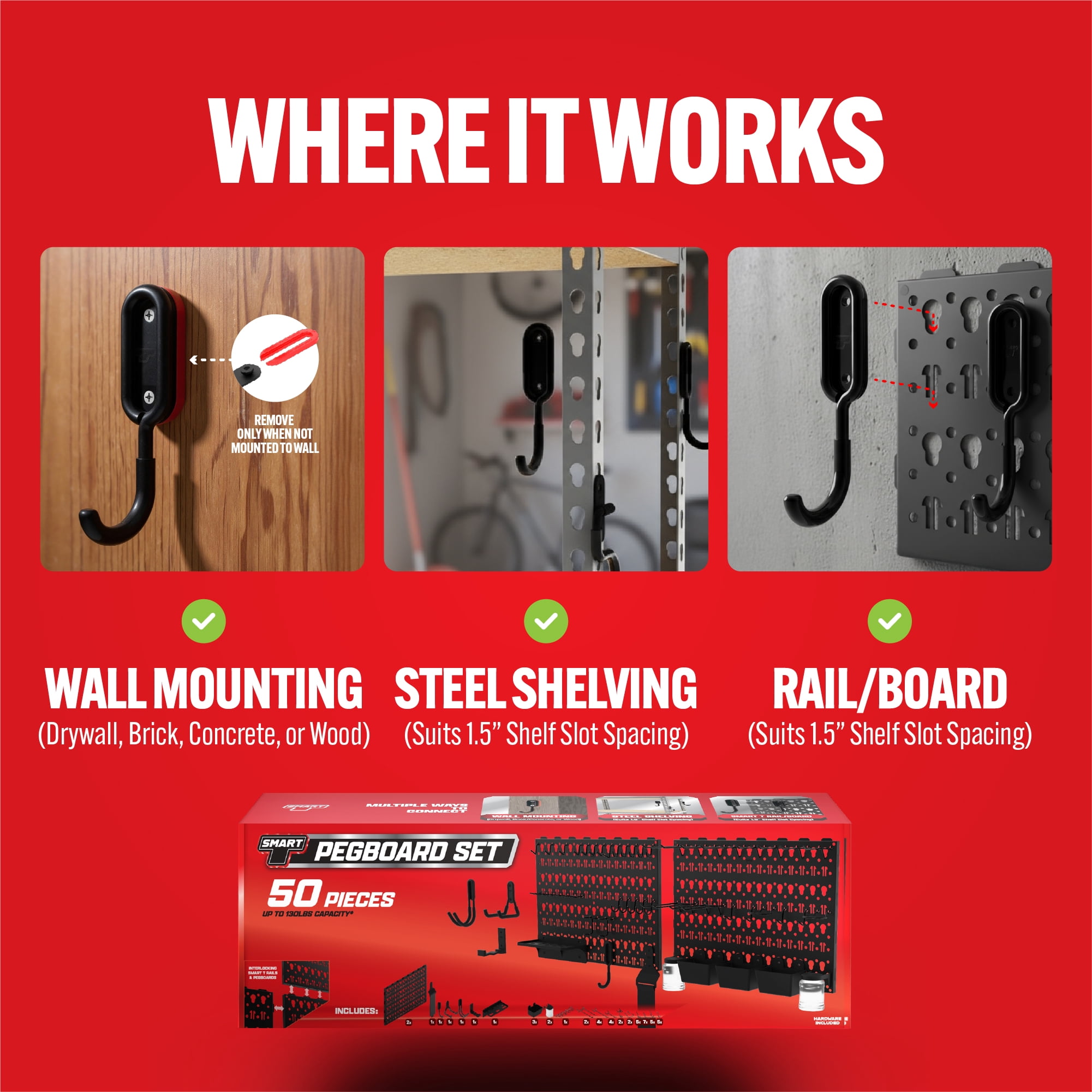 Smart T Garage Storage Pegboard Set | 50 Piece Tool Organizer - Heavy Duty Organizer Wall Mount or Shelving Hooks