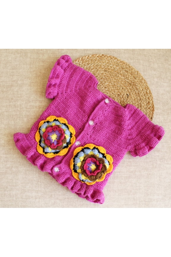Handmade Frill Sleeves Flower Patch Sweater-Purple