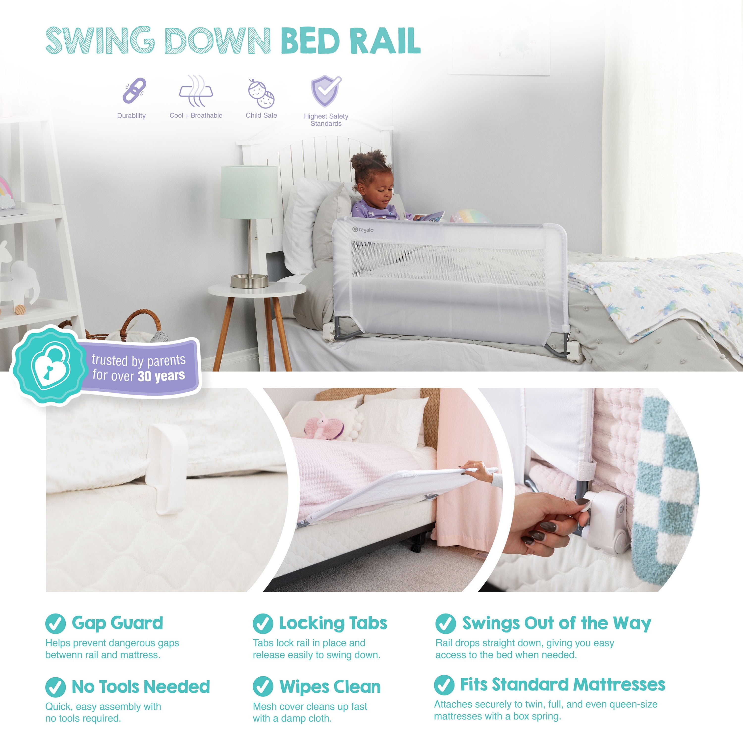 Regalo Swing Down Bed Rail Guard with Reinforced Anchor Safety System, Metal Frame, 43" Long, Fits Twin to Queen Beds