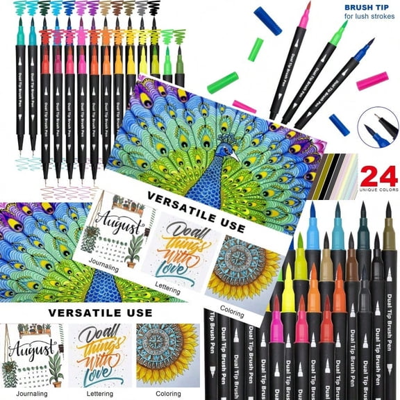 Dual Brush Marker Pens24 Colored Markers Fine Point and Brush Tip for Adult Coloring Books Bullet Journals Planners Note Taking Coloring Writing