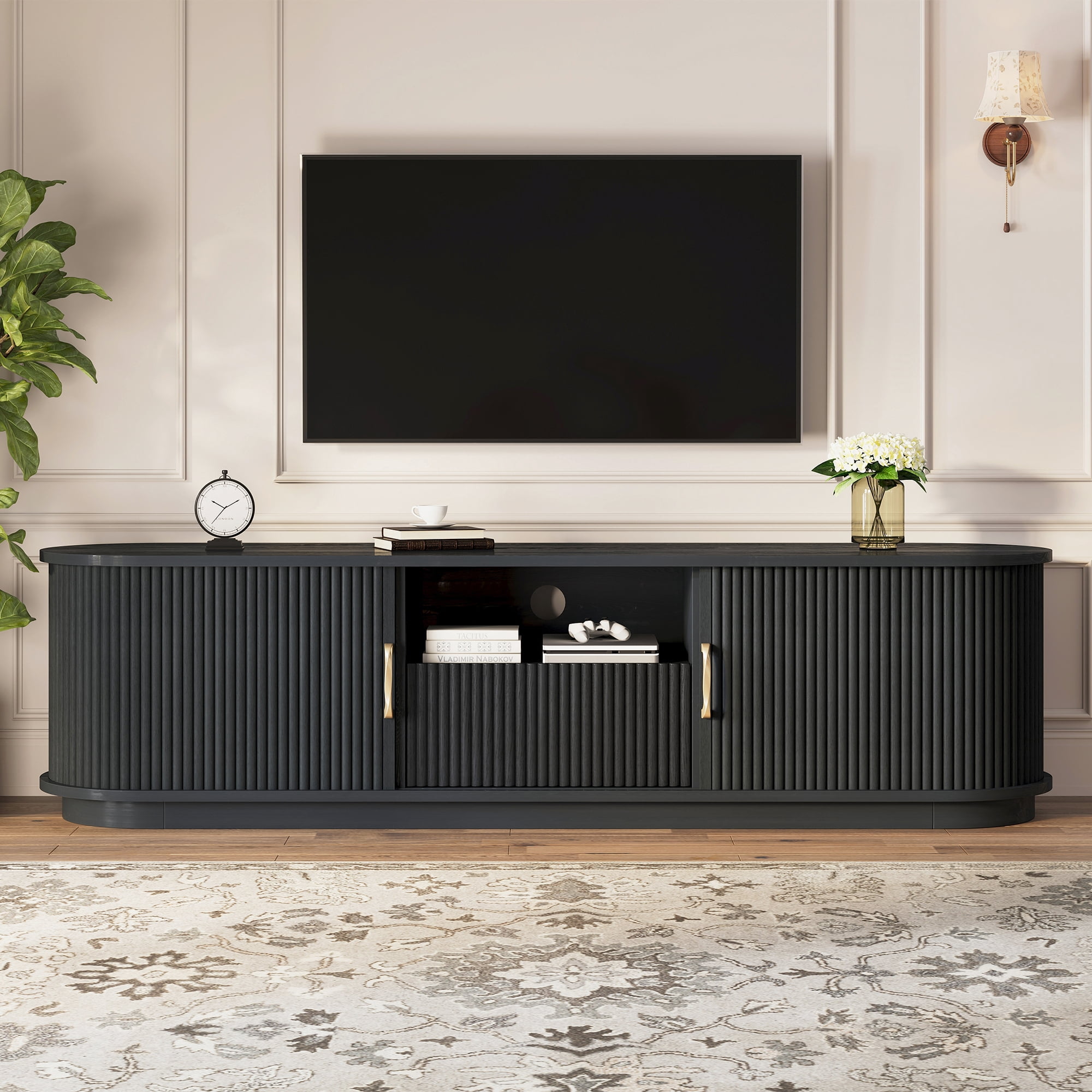 Aukfa Fluted TV Stand for TVs up to 75", Wood Entertainment Center with Sliding Doors for Living Room,Black