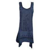 Mogul Women's Stonewashed Dress Hippie Uneven Hemline Blue Embroidered Sleeveless SunDress S