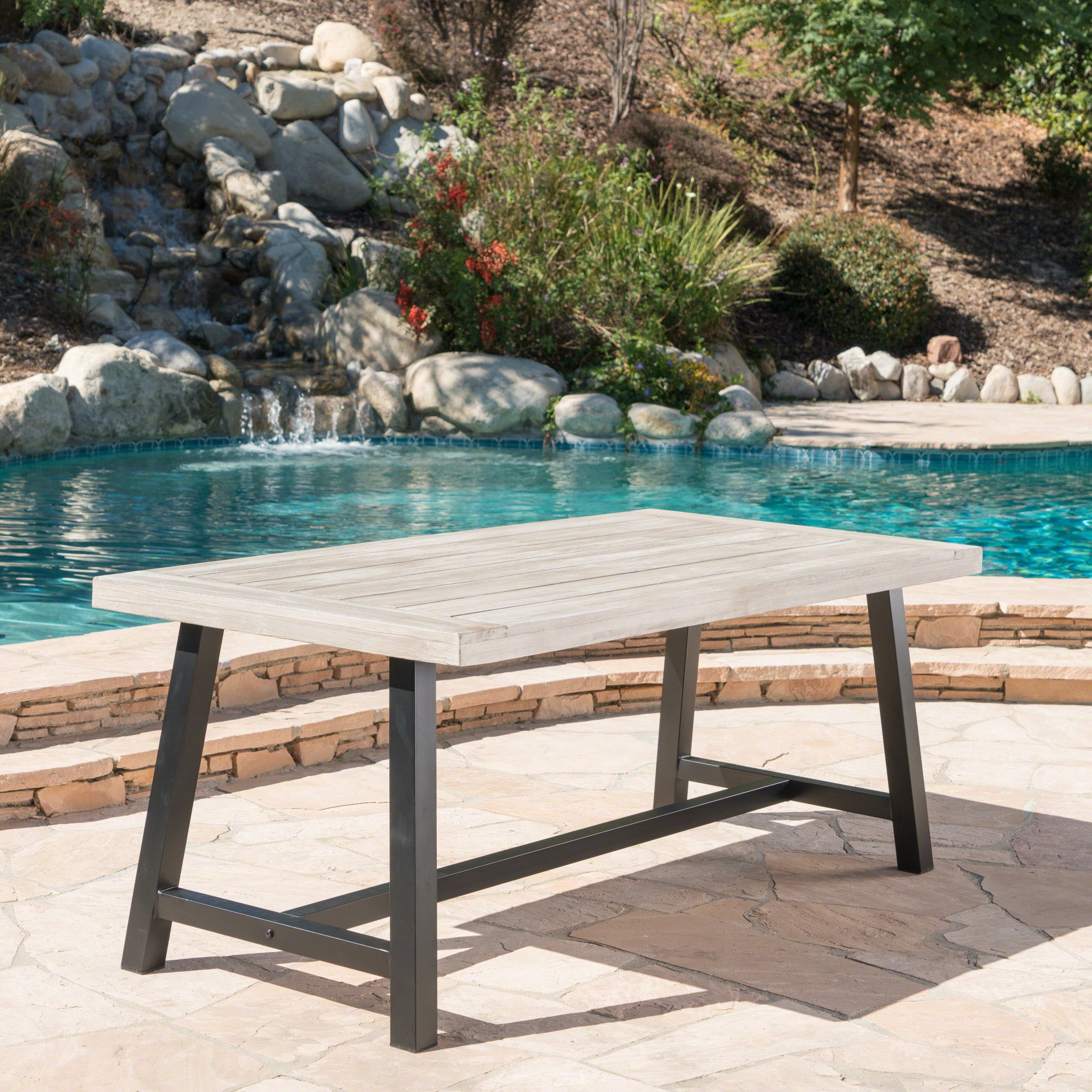 Dining Table, Outdoor Light Grey Sandblast Finish Acacia Wood Table for Patio Garden, Light Grey