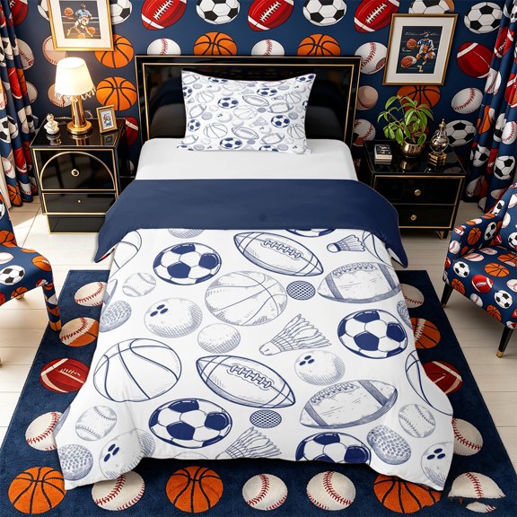 Castle Fairy Sport Soccer Football Basketball Twin Duvet Cover, Vintage Ball Game Twin Bedding, White Navy Blue,Navy Blue Reversible,2pcs,1 Duvet Cover and 1 Pillowcase