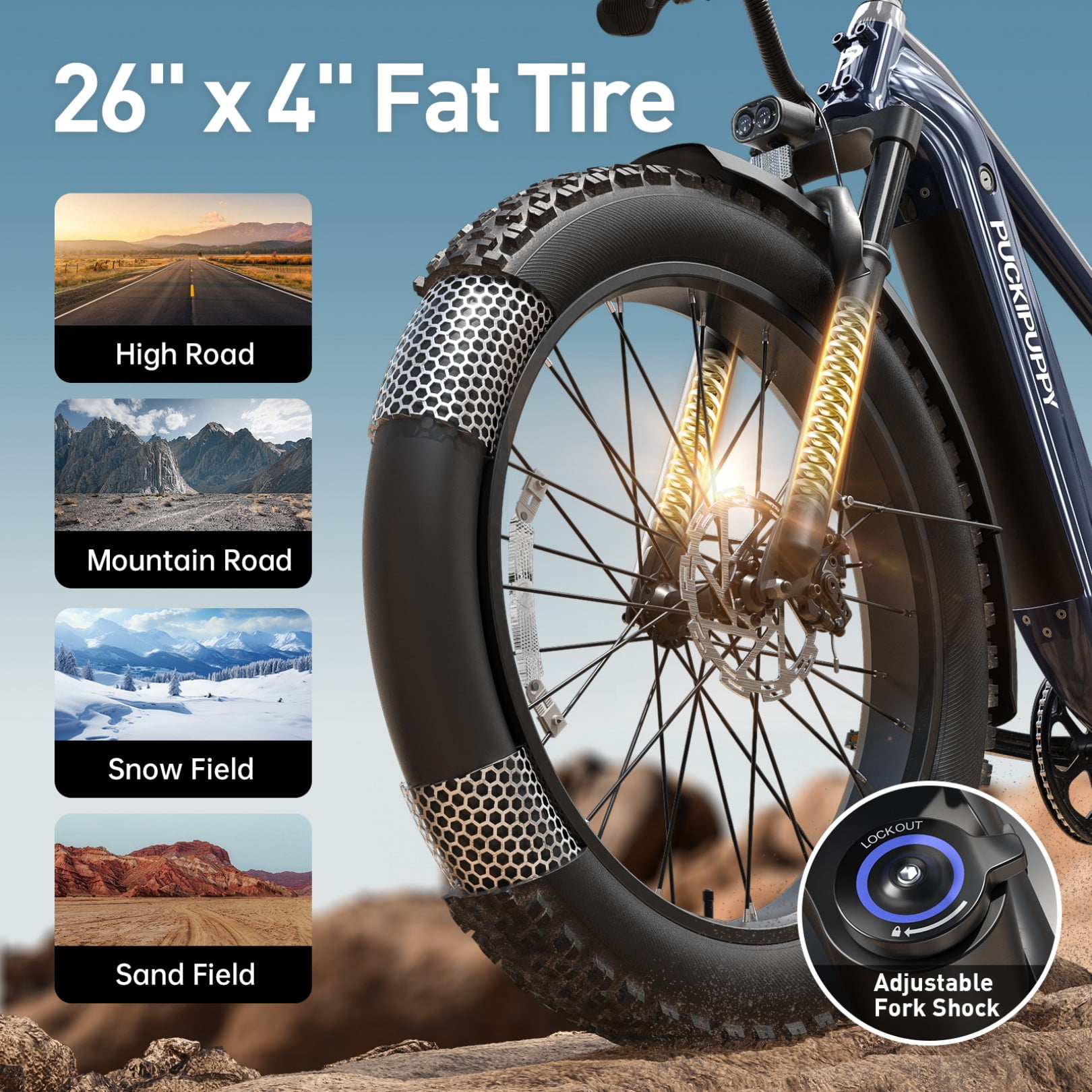 PUCKIPUPPY Electric Bikes for Adults 26" Fat Tire E Bike 28 mph up to 60Miles Range 960W Peak Ebike 48V 15AH Battery Front Suspension off Road Mountain E Bike (Gray Blue), Comply with UL2849 by SGS