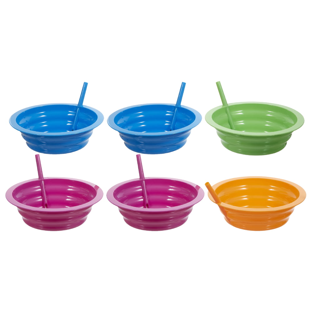 Set 4 Cereal Bowls Kids Dessert Built in Sip Straw Plastic Sippy Soup Ice Cream 