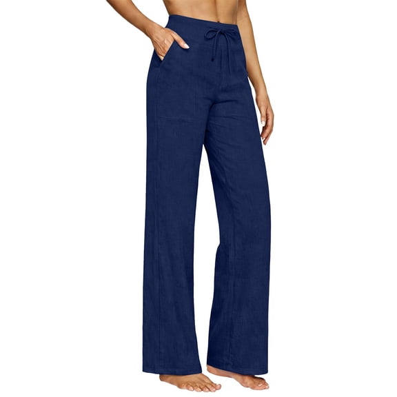 Hurxie Wide Leg Pants for Women Flowy Palazzo Drawstring Elastic Waist Trousers with Pockets Summer Beach Vacation Clothes Navy,3XL