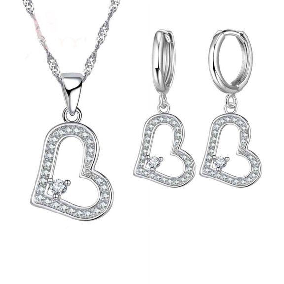 925 Sterling Silver Necklace Earring Heart Multiple Handset Crystal Stones Woman Fine Necklace Pendant Jewelry SS-332