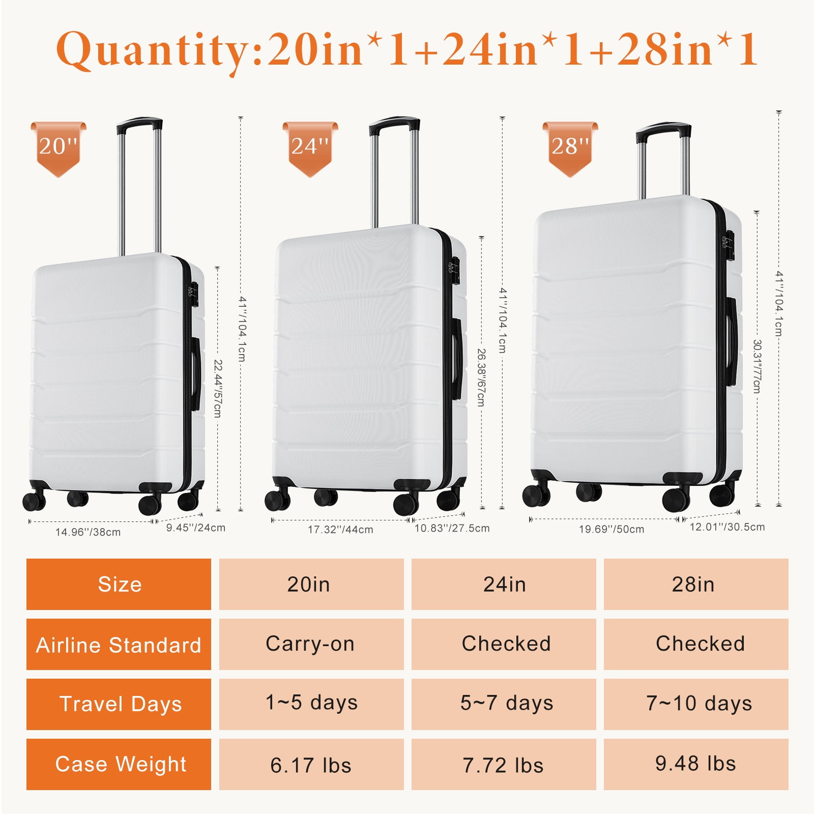 CONCETTA 3 Pcs ABS Hardside Luggage Sets, Lightweight Expandable Hard Shell Rolling Suitcase TSA Lock Spinner Wheel Suit Cases, White