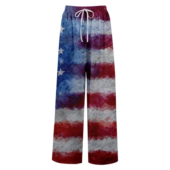 American 250th Anniversary Pants for Women United States USA Flag Print Slit Baggy Trousers Wide Leg Elastic High Waist Regular Fit Daily Wear Pajama Bottoms, #01 Sky Blue, L