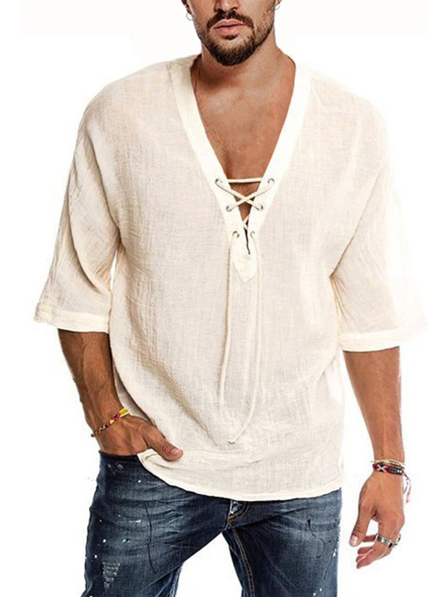 Makkrom Mens Linen Henley Shirt Deep V Neck Long Sleeve Hippie Casual Beach Yoga Cotton T Shirts 
