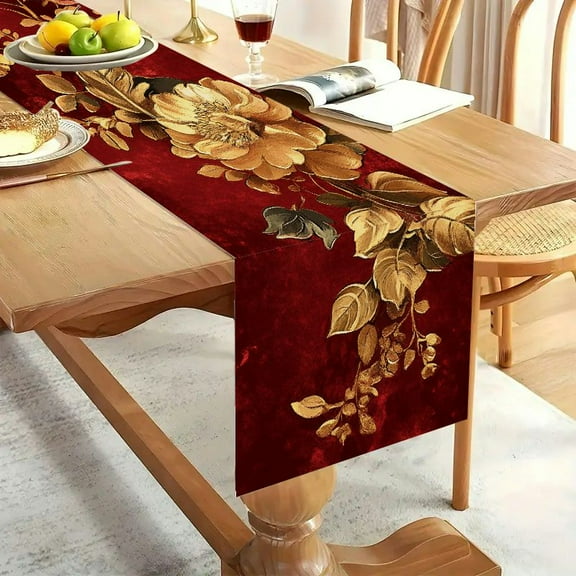 1pc Linen 100% golden flowers and leaves Party Decoration, Gift, Holiday Decorations, Room Decor, Scene Decor Dustproof & Wipe Clean Table Runner