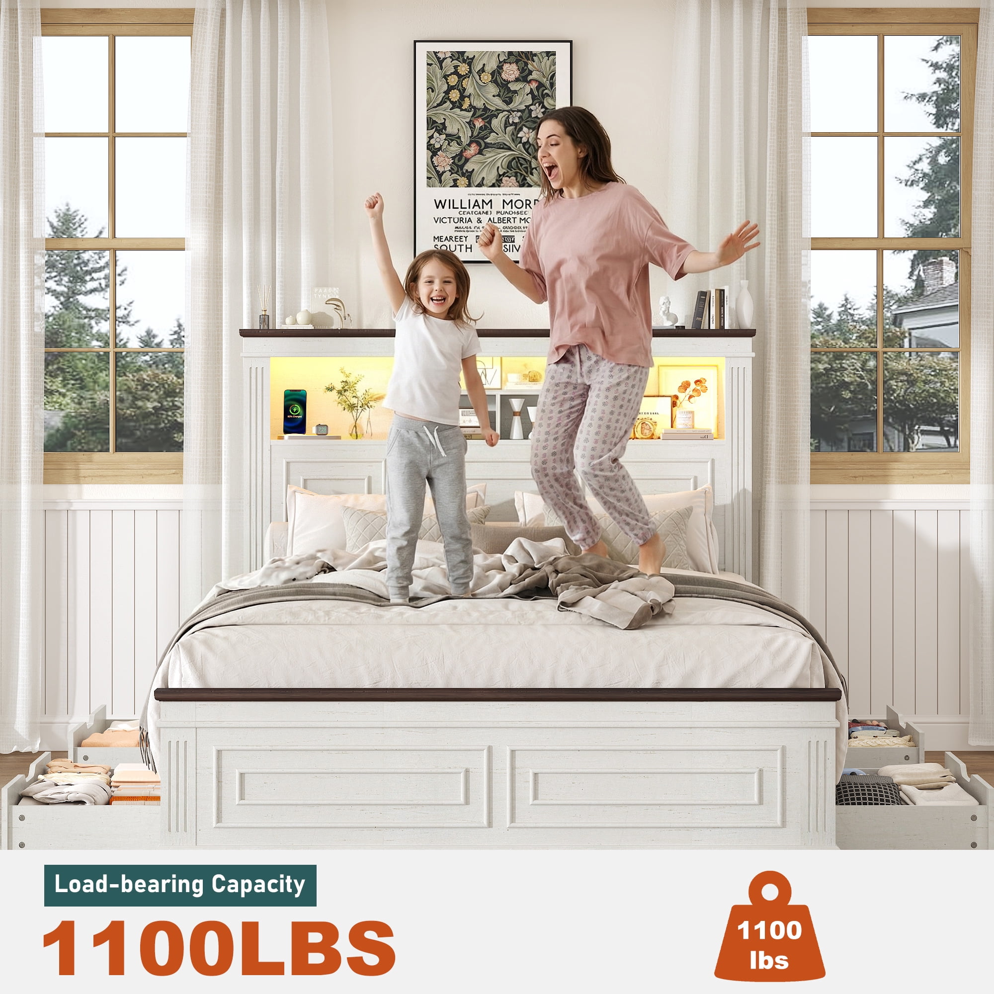 ANPOO Farmhouse Queen Size Bed Frame with 51" Tall Headboard & 4 Drawers, Queen Bed Frame and Headboard with LED Lights & Charging Ports, No Box Spring Needed, Wooden, Antique White