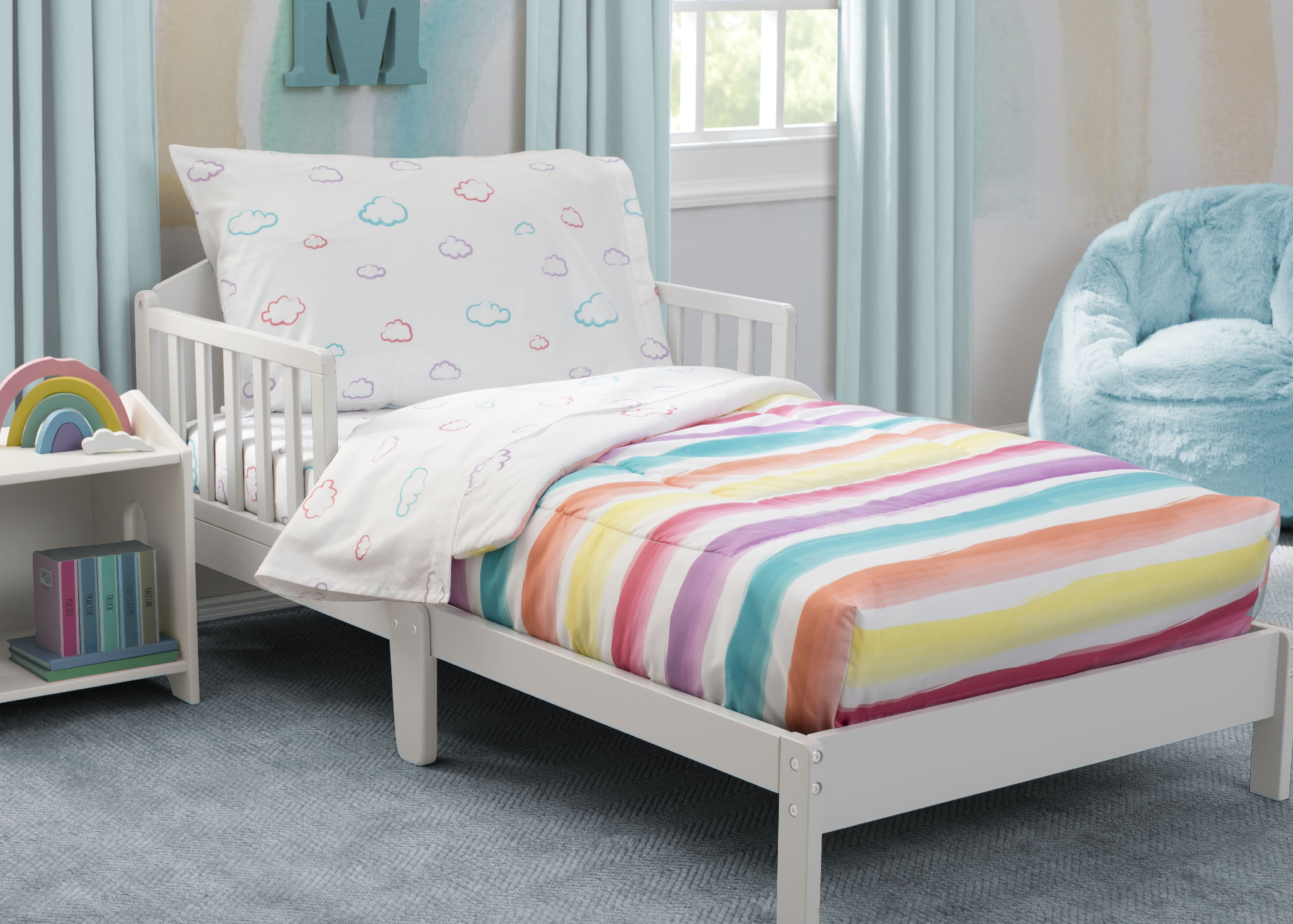 Grey Toddler Bed | Stars & Stripes Bedding Set | Storage Bins | Additional Sheet Set Boys 4-Piece Delta Children Toddler Bedroom Set 
