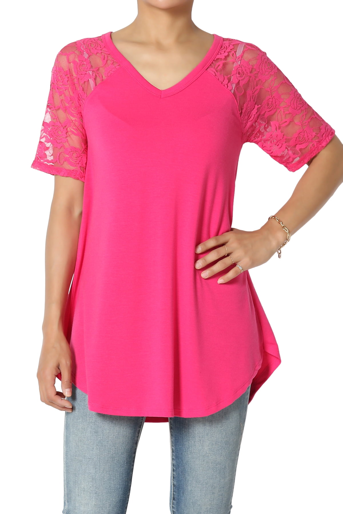 TheMogan Women's S~3X Lace-Sleeve Jersey Top V-Neck Extended Curved Hem ...