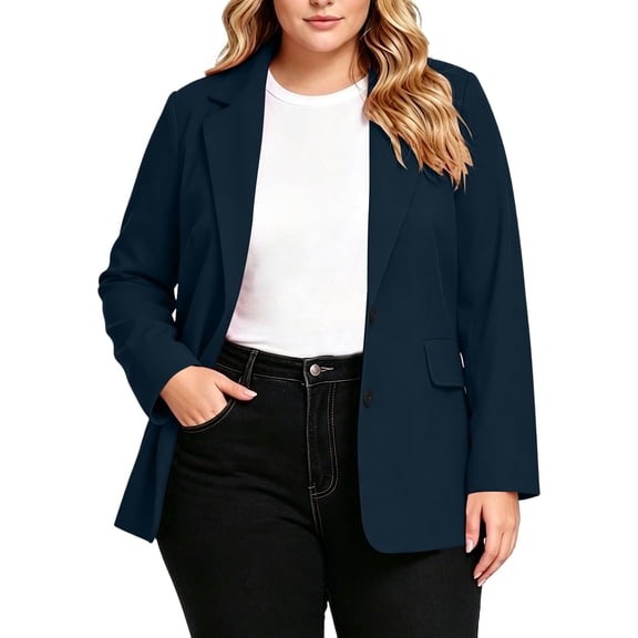 FDGIU Women's Plus Size Two Button Blazer Jacket, Notched Lapel Long Sleeve Open Front Suit Coat with Flap Pockets for Office Business Casual Spring Fall Daily Layering