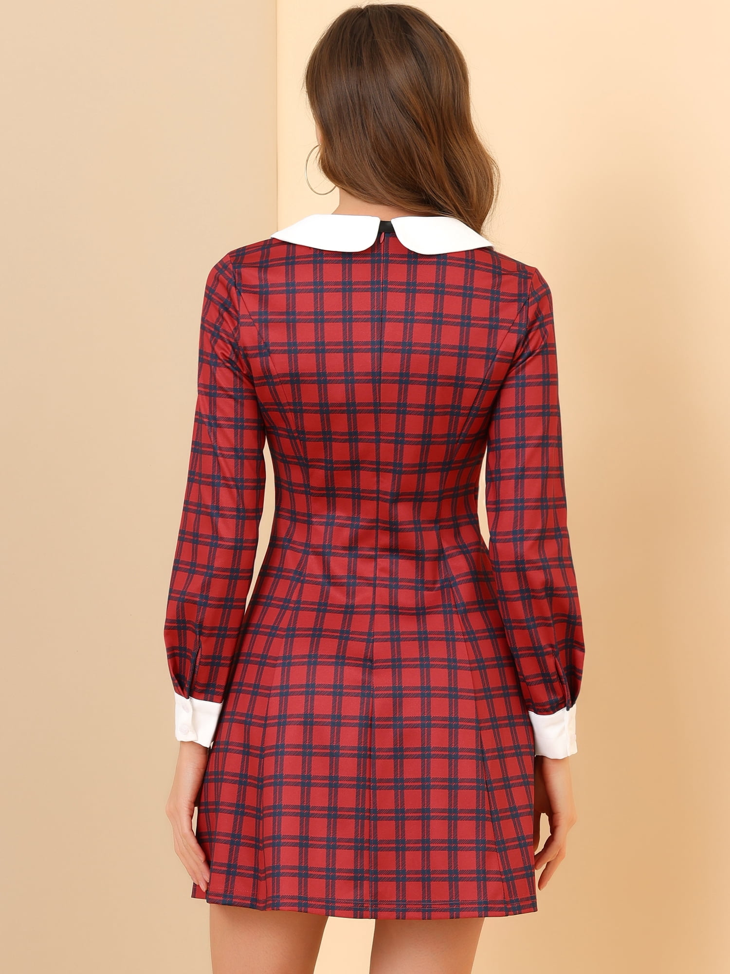 DARING DIVA Women's Contrast Peter Pan Collar A-Line Plaid Dress S Red