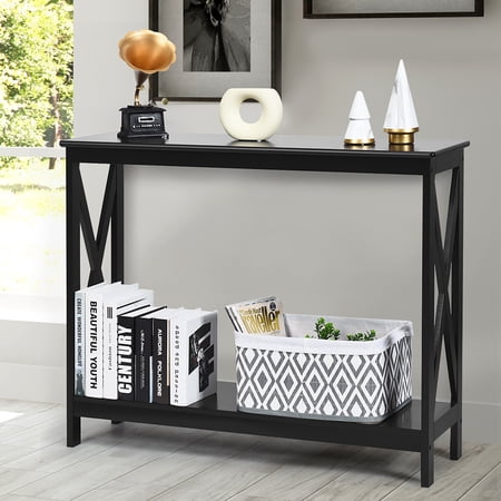 Costway 2 Tier Console Table X Design Bookshelf Sofa Side Accent Table W Shelf Black Walmart Canada