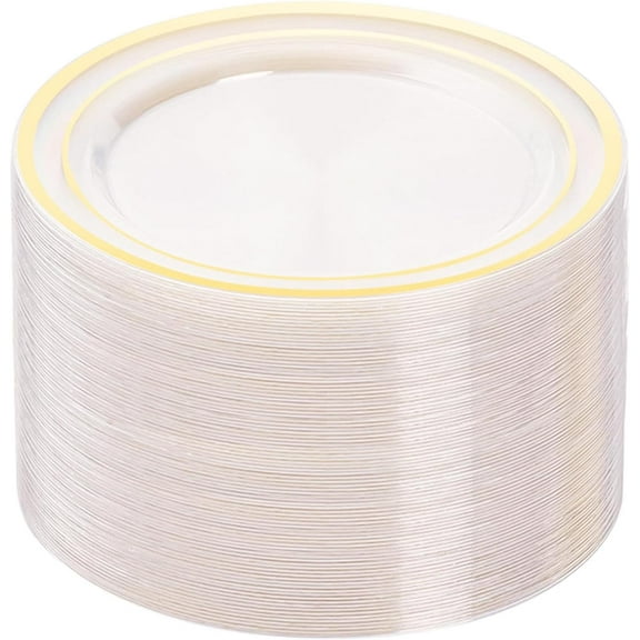 100PCS Clear Plastic Plates, 10.25 Inch Disposable Dinner Plate Party with Gold Rim, Heavy Duty Disposable Plastic Plates for Party, Wedding and Birthday
