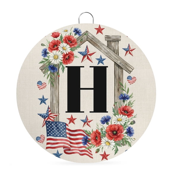 Round Welcome Sign for Front Door, 250th Years Anniversary Hanging Metal Farmhouse Wall Decor for Porch Entryway, USA Patriotic Flag Monogram Letter H Decoration for Holiday Housewarming Gift, 8 in