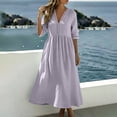thumbnail image 3 of Josdec Women's V-Neck Lace Trim Dresses 3/4 Sleeve Empire Waist A-Line Solid Color Cotton Linen Casual Dress for Weekend Outings Wear S-XXL, 3 of 9